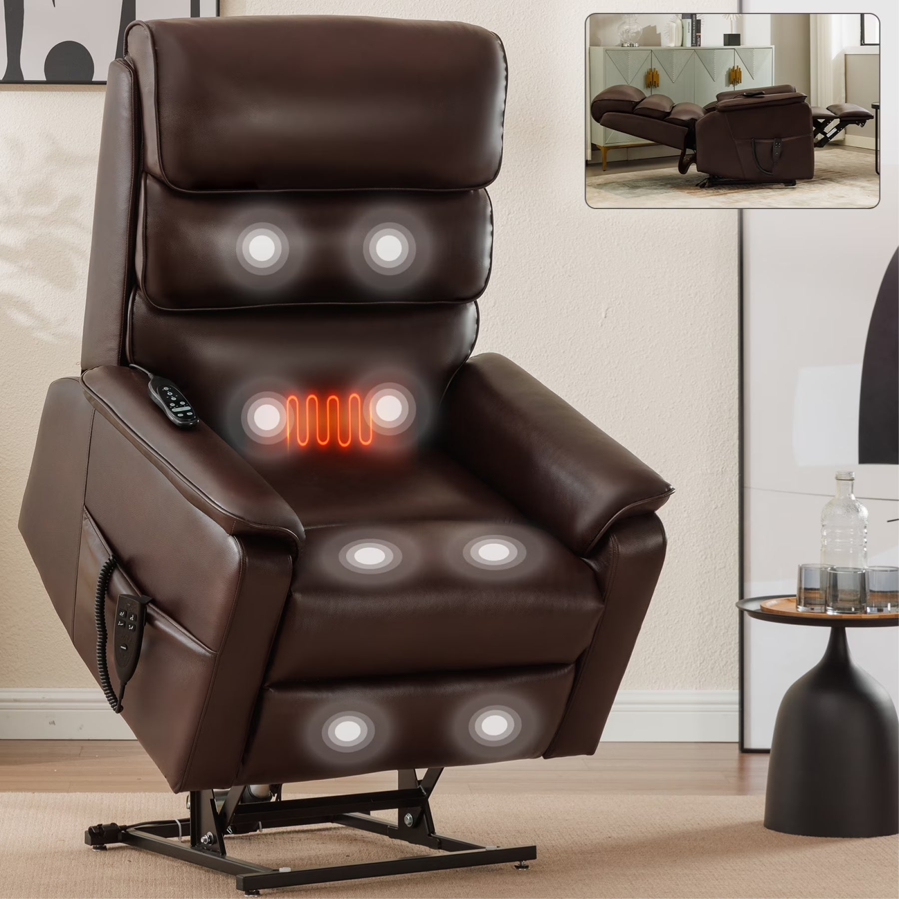 Large Power Lift Recliner Chair with Massage and Heat for Elderly,Faux Leather Overstuffed Wide Recliners with USB and Type C Ports, 2 Steel Cup Holders,Brown