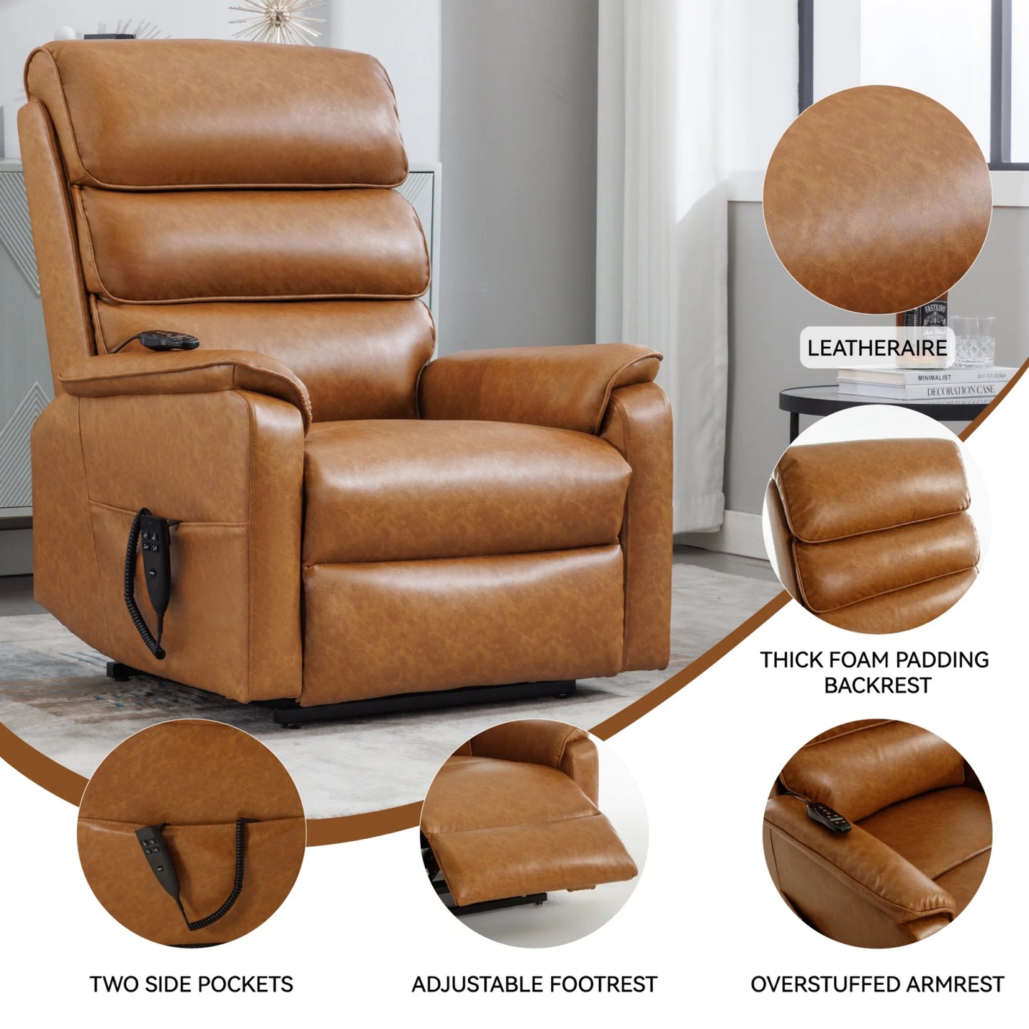 Large Power Lift Recliner Chair with Massage and Heat for Elderly,Faux Leather Overstuffed Wide Recliners with USB and Type C Ports, 2 Steel Cup Holders,Yellow Brown