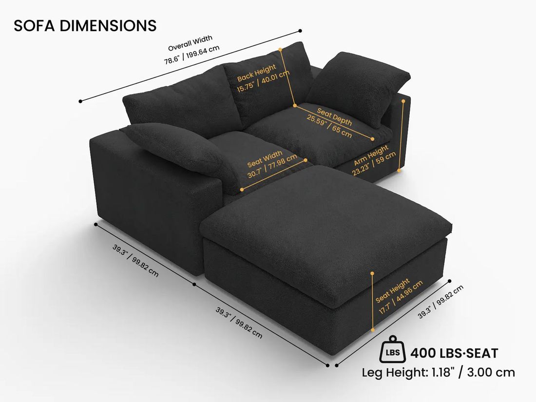 Dimensions — ERA Signature™ 3 Piece Cloud Modular in Black measurements diagram