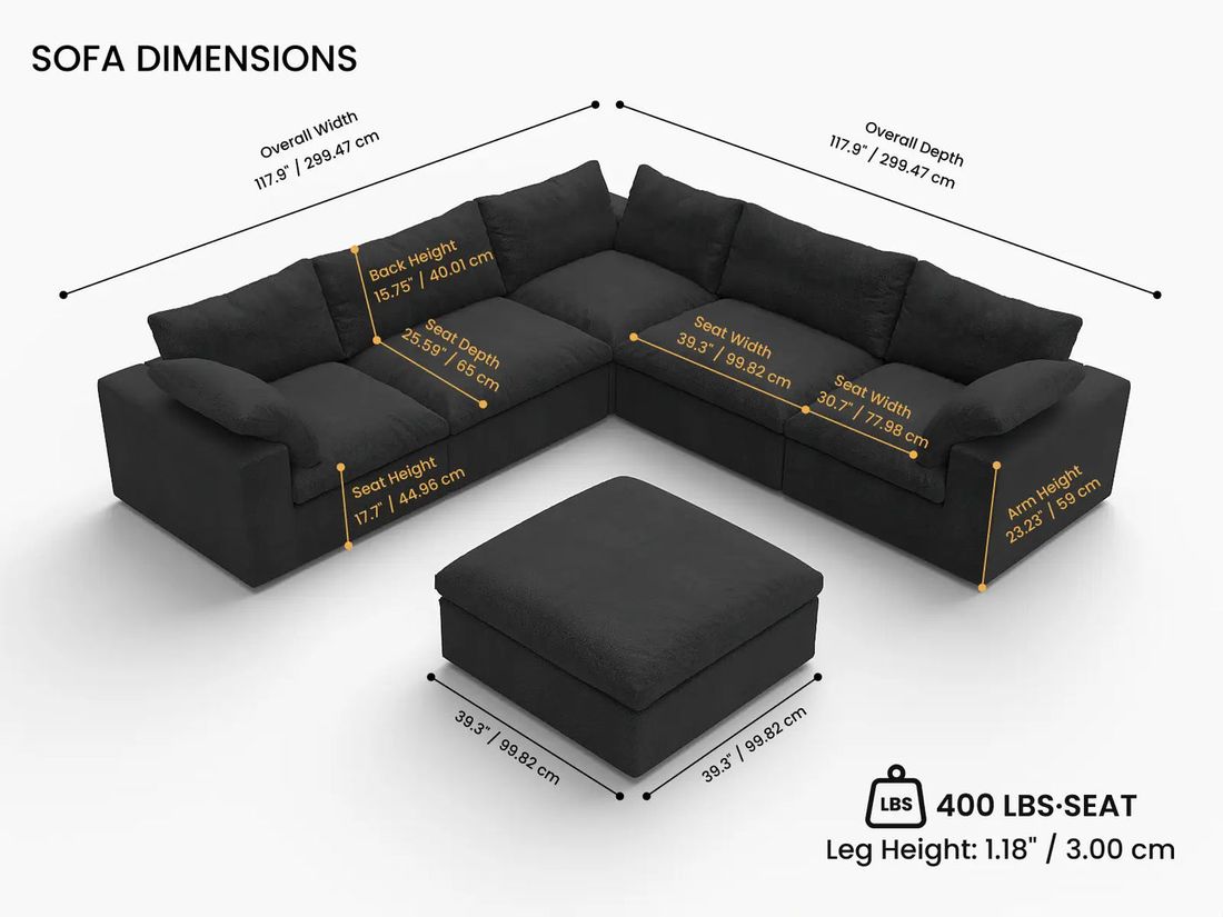 Dimensions — ERA Signature™ 6 Piece Corner Cloud Modular in Black measurements diagram