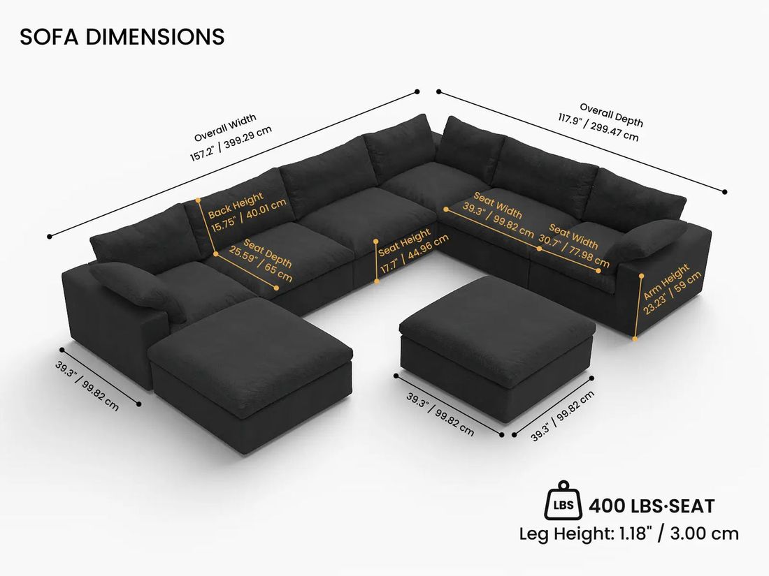 Dimensions — ERA Signature™ 8 Piece U-Shape Cloud Modular in Black measurements diagram
