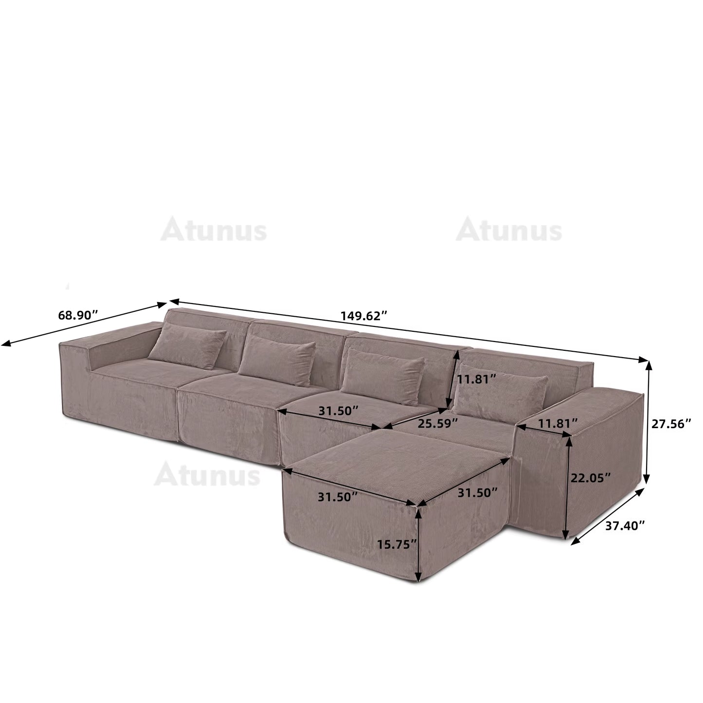 ATUNUS US in Stock Drop Shipping Vacuum Compress Modern L U Shape Brown Modular Sectional Sofa Corduroy Living Room Couch Set