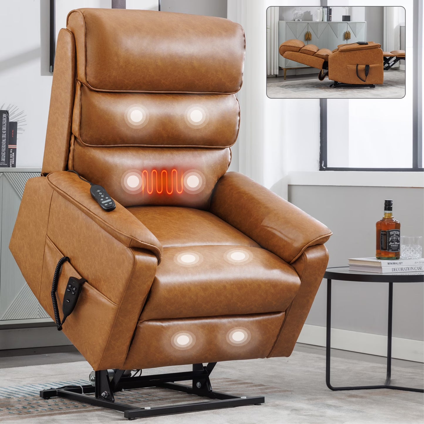 Large Power Lift Recliner Chair with Massage and Heat for Elderly,Faux Leather Overstuffed Wide Recliners with USB and Type C Ports, 2 Steel Cup Holders,Yellow Brown