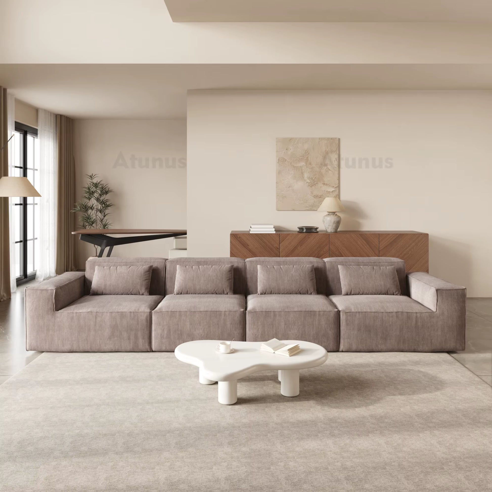 ATUNUS US in Stock Drop Shipping Vacuum Compress Modern L U Shape Brown Modular Sectional Sofa Corduroy Living Room Couch Set