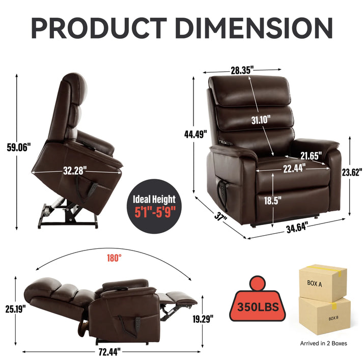 Large Power Lift Recliner Chair with Massage and Heat for Elderly,Faux Leather Overstuffed Wide Recliners with USB and Type C Ports, 2 Steel Cup Holders,Brown