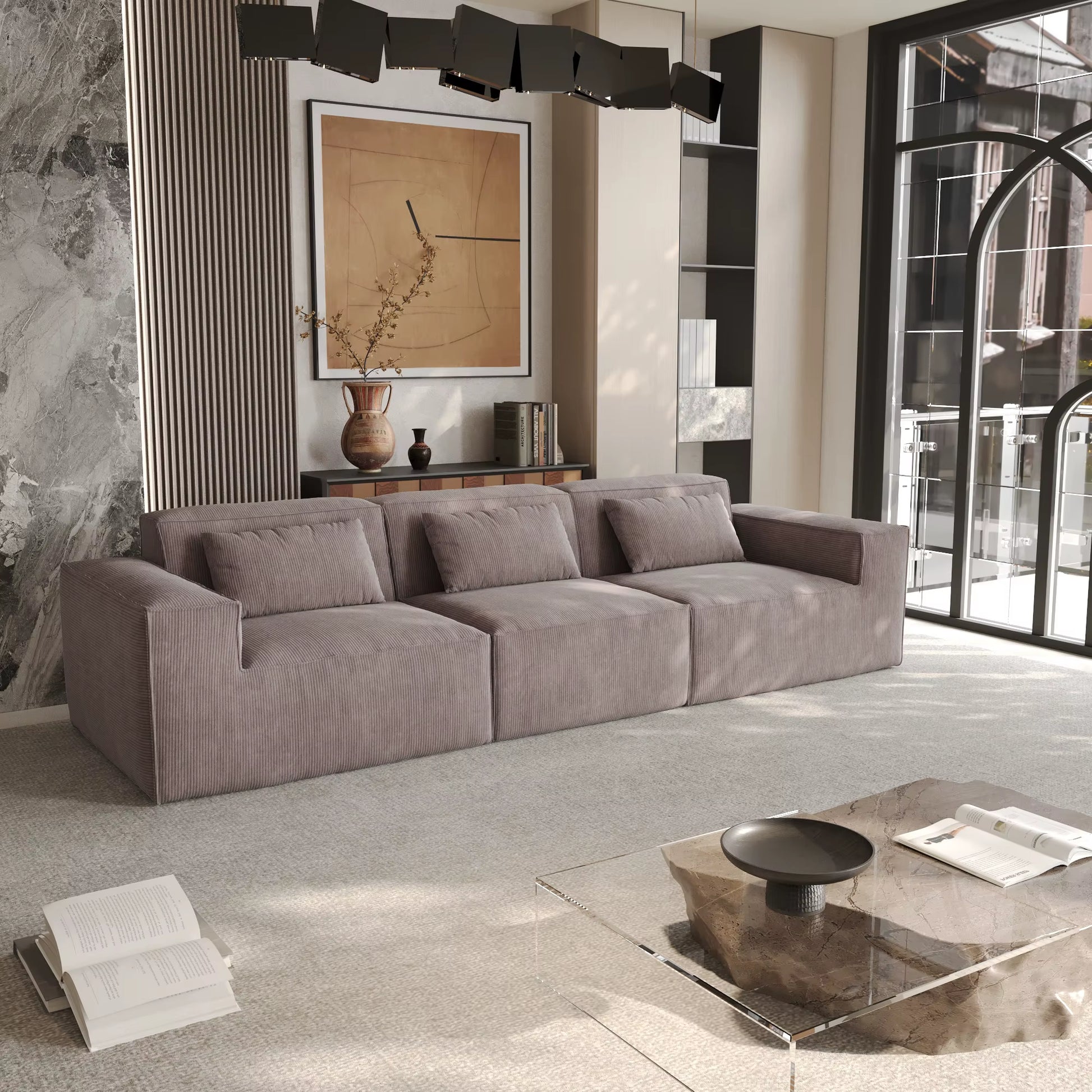 ATUNUS US in Stock Drop Shipping Vacuum Compress Modern L U Shape Brown Modular Sectional Sofa Corduroy Living Room Couch Set