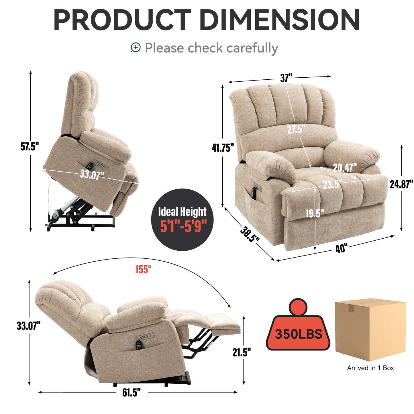 Power Lift Recliner with 8-Point Vibration Massage and Heating, USB & Type-C Ports, Chenille Beige