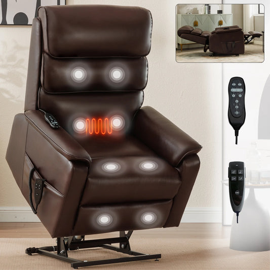 Large Power Lift Recliner Chair with Massage and Heat for Elderly,Faux Leather Overstuffed Wide Recliners with USB and Type C Ports, 2 Steel Cup Holders,Brown