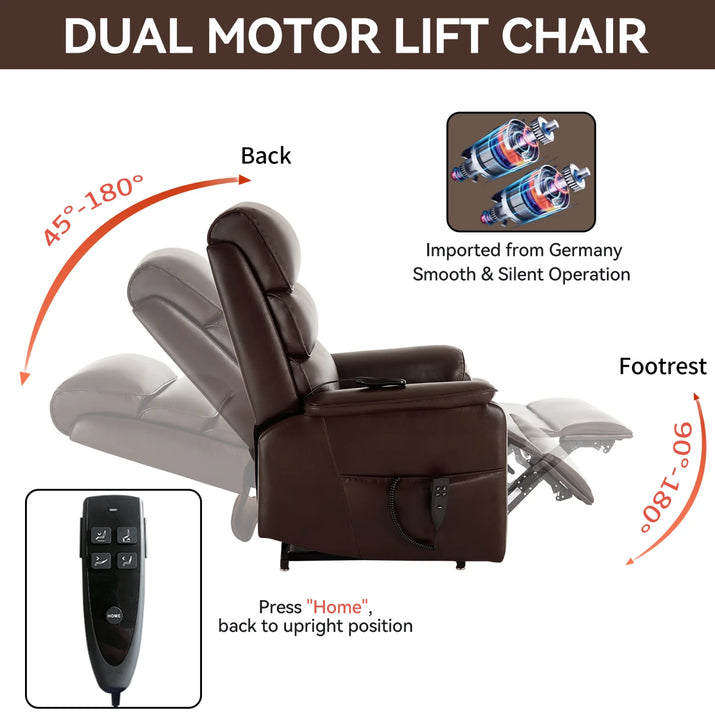 Large Power Lift Recliner Chair with Massage and Heat for Elderly,Faux Leather Overstuffed Wide Recliners with USB and Type C Ports, 2 Steel Cup Holders,Brown