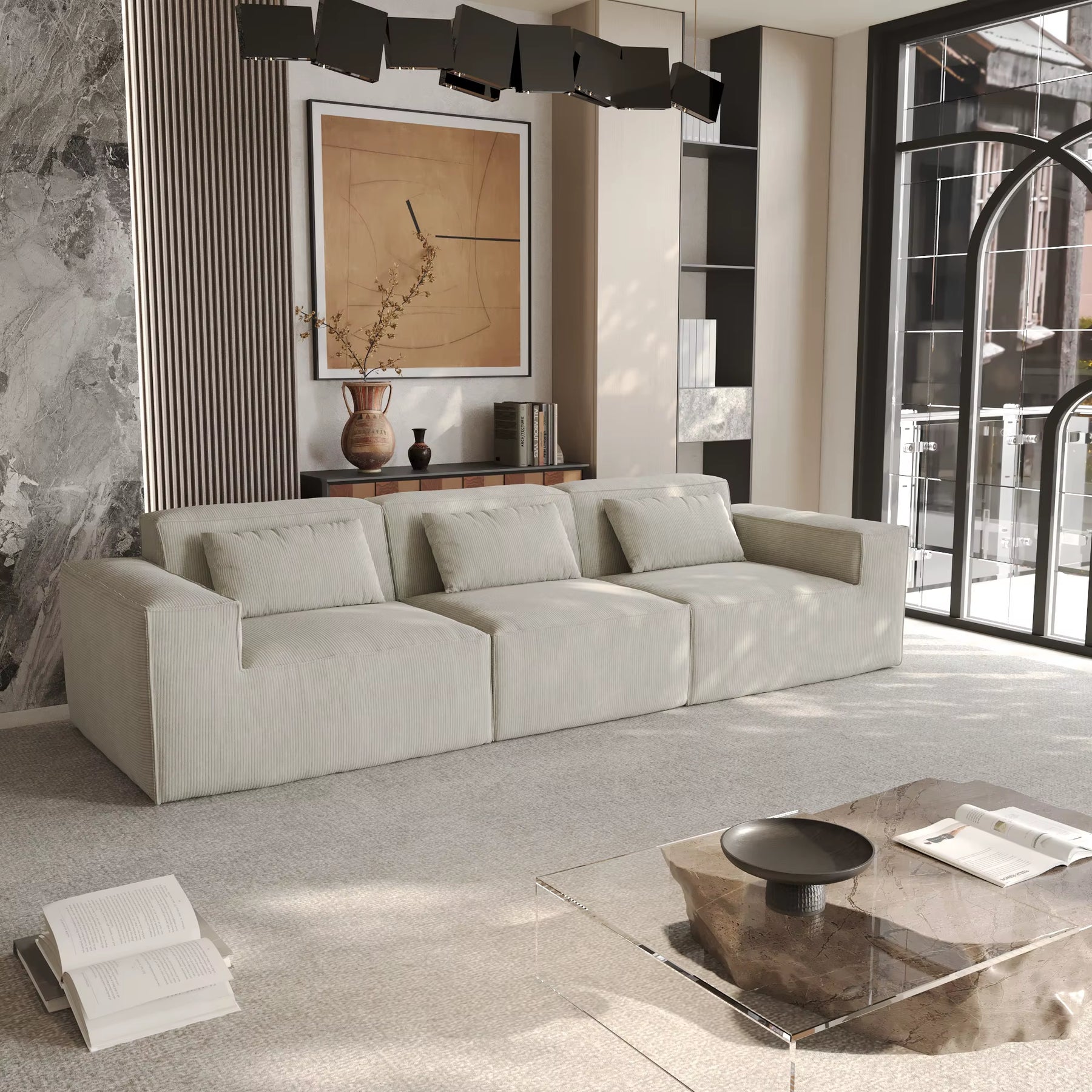 ATUNUS US in Stock Drop Shipping Vacuum Compress Modern L U Shape Brown Modular Sectional Sofa Corduroy Living Room Couch Set