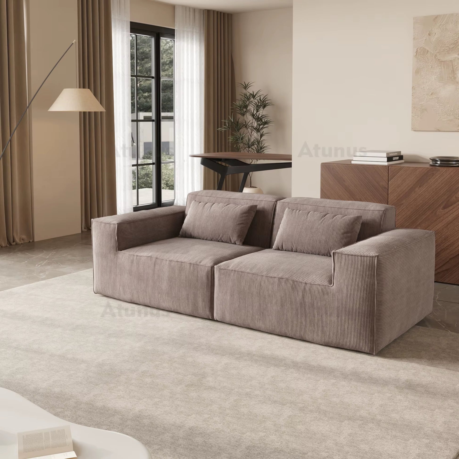 ATUNUS US in Stock Drop Shipping Vacuum Compress Modern L U Shape Brown Modular Sectional Sofa Corduroy Living Room Couch Set