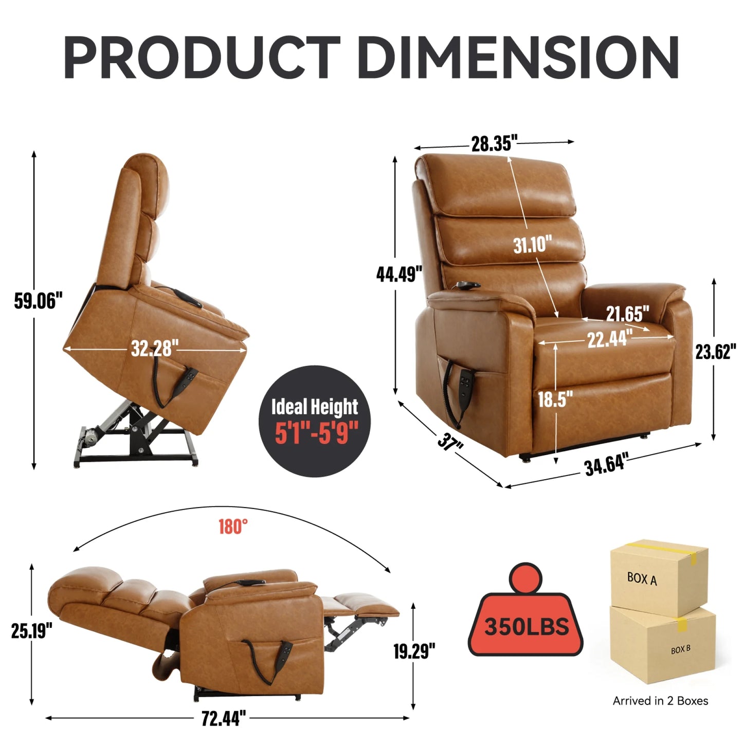 Large Power Lift Recliner Chair with Massage and Heat for Elderly,Faux Leather Overstuffed Wide Recliners with USB and Type C Ports, 2 Steel Cup Holders,Yellow Brown
