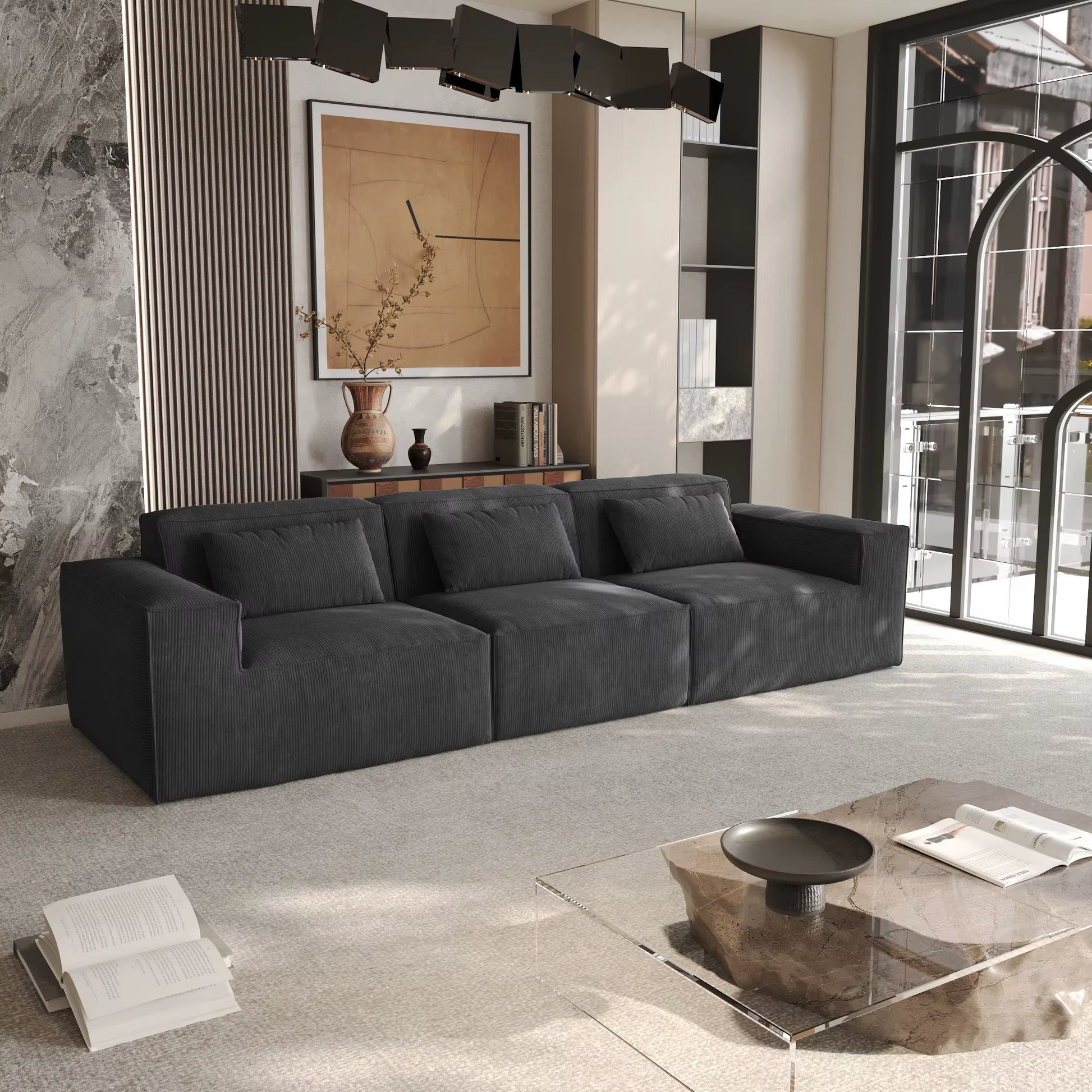 ATUNUS US in Stock Drop Shipping Vacuum Compress Modern L U Shape Brown Modular Sectional Sofa Corduroy Living Room Couch Set
