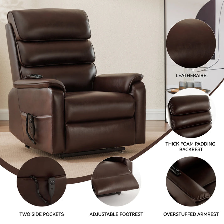Large Power Lift Recliner Chair with Massage and Heat for Elderly,Faux Leather Overstuffed Wide Recliners with USB and Type C Ports, 2 Steel Cup Holders,Brown