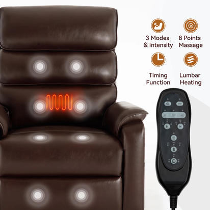 Large Power Lift Recliner Chair with Massage and Heat for Elderly,Faux Leather Overstuffed Wide Recliners with USB and Type C Ports, 2 Steel Cup Holders,Brown