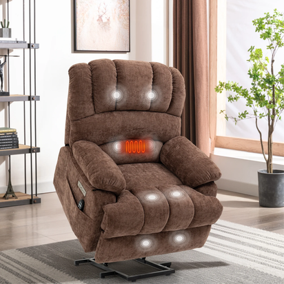 Power Lift Recliner with Heating and Massage, USB and Type-C Ports, Chenille Brown
