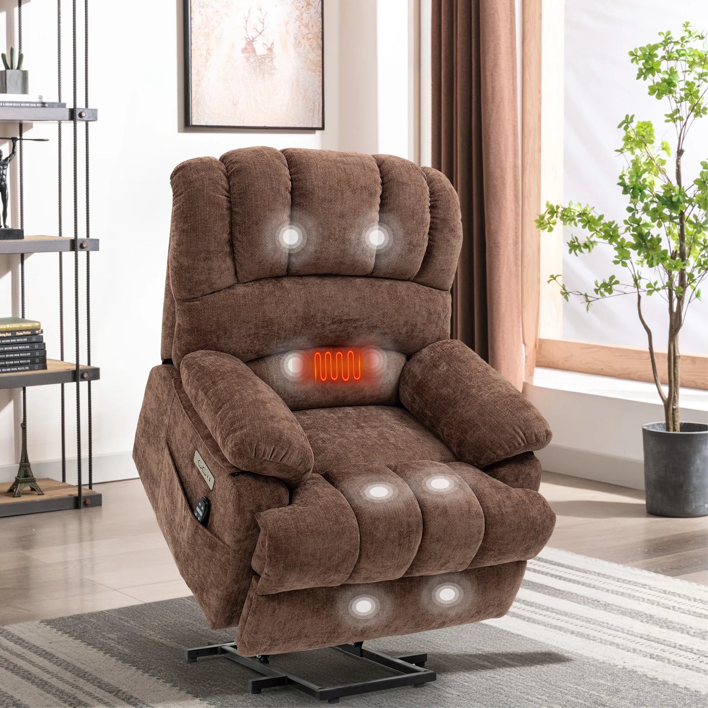 Power Lift Recliner with Heating and Massage, USB and Type-C Ports, Chenille Brown