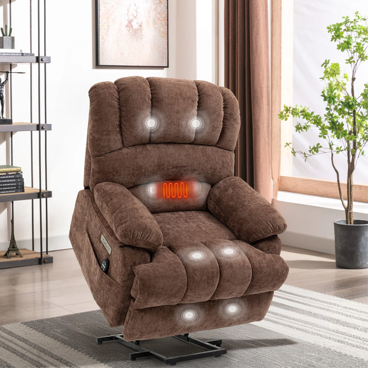 Power Lift Recliner with Heating and Massage, USB and Type-C Ports, Chenille Brown