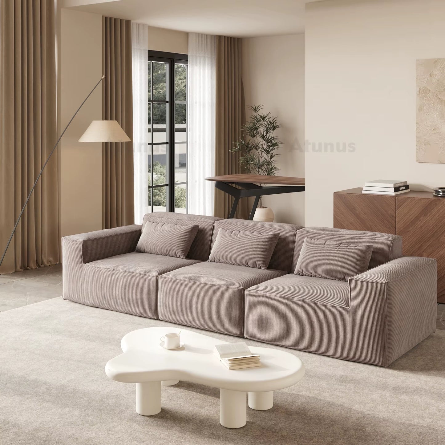 ATUNUS US in Stock Drop Shipping Vacuum Compress Modern L U Shape Brown Modular Sectional Sofa Corduroy Living Room Couch Set