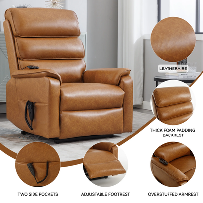 Large Power Lift Recliner Chair with Massage and Heat for Elderly,Faux Leather Overstuffed Wide Recliners with USB and Type C Ports, 2 Steel Cup Holders,Yellow Brown