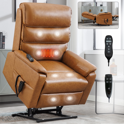 Large Power Lift Recliner Chair with Massage and Heat for Elderly,Faux Leather Overstuffed Wide Recliners with USB and Type C Ports, 2 Steel Cup Holders,Yellow Brown
