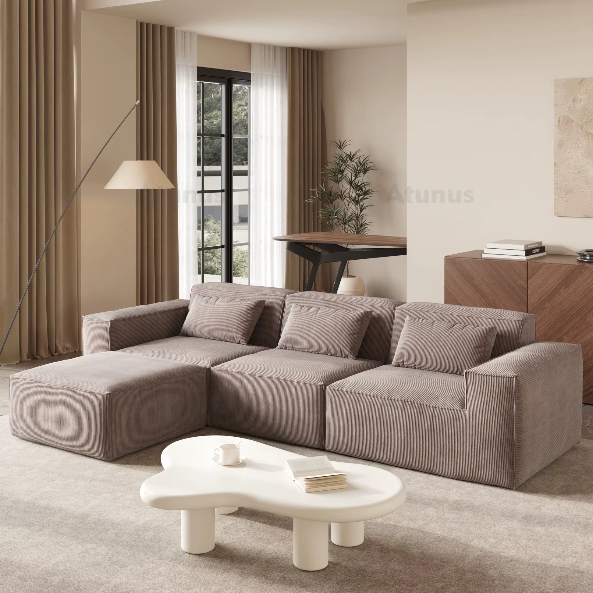 ATUNUS US in Stock Drop Shipping Vacuum Compress Modern L U Shape Brown Modular Sectional Sofa Corduroy Living Room Couch Set